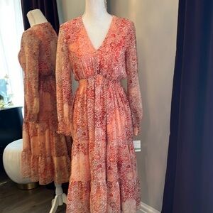 NWT Just Taylor Orange Floral V-Neck Long-sleeve Dress Size 8